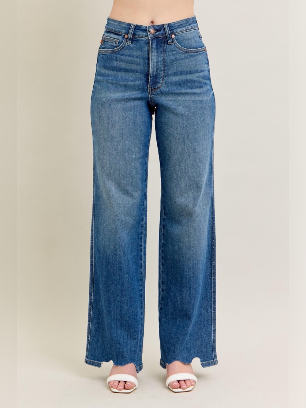 Judy Blue Full Size High Waist Tummy Control Chew Hem Destroy Wide Jeans